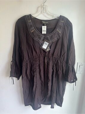 Anna Scott bohemian-style peasant tunic blouse brown. Size large New with Tags!